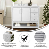 Vega 42 Inch Bathroom Vanity with Sink, Storage Cabinet with Soft Close Doors, Open Shelf and 3 Drawers, Carrara Marble Finish Countertop, White/White