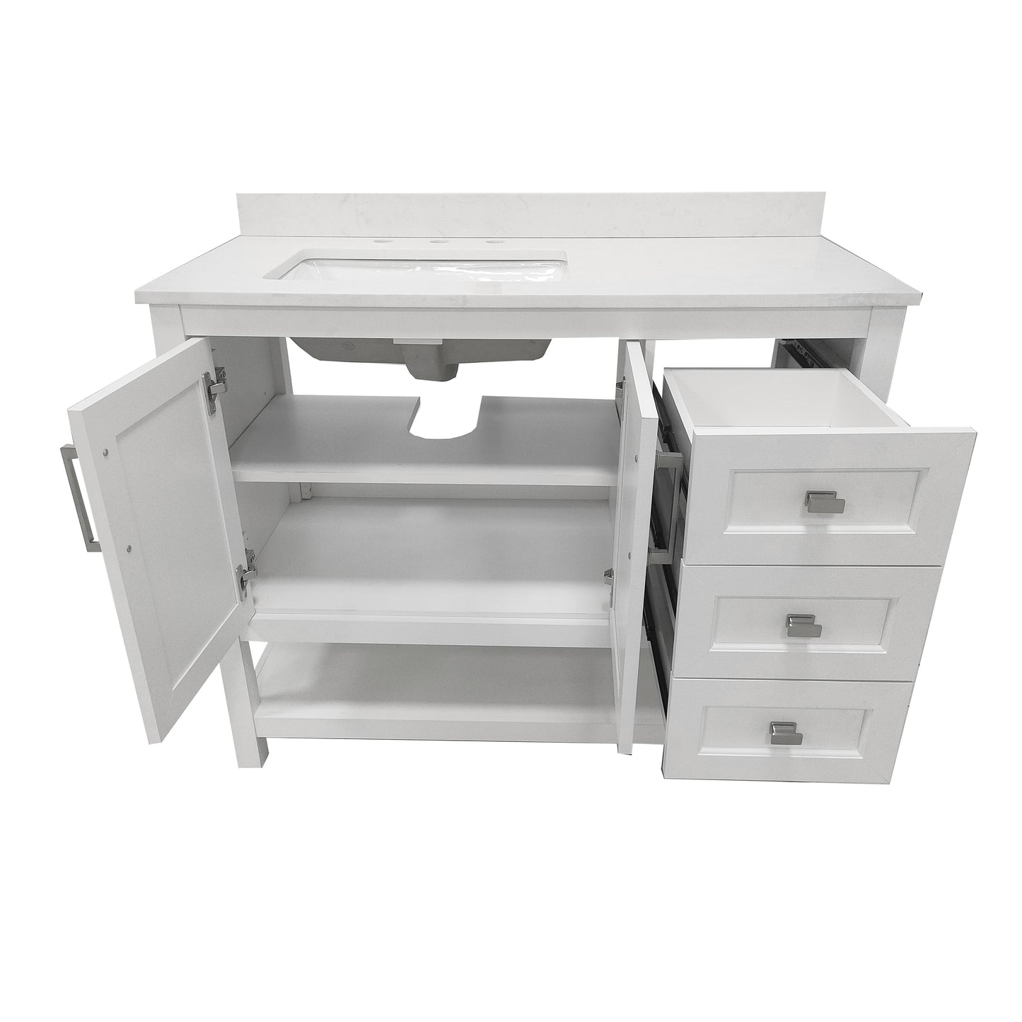 Vega 42 Inch Bathroom Vanity with Sink, Storage Cabinet with Soft Close Doors, Open Shelf and 3 Drawers, Carrara Marble Finish Countertop, White/White