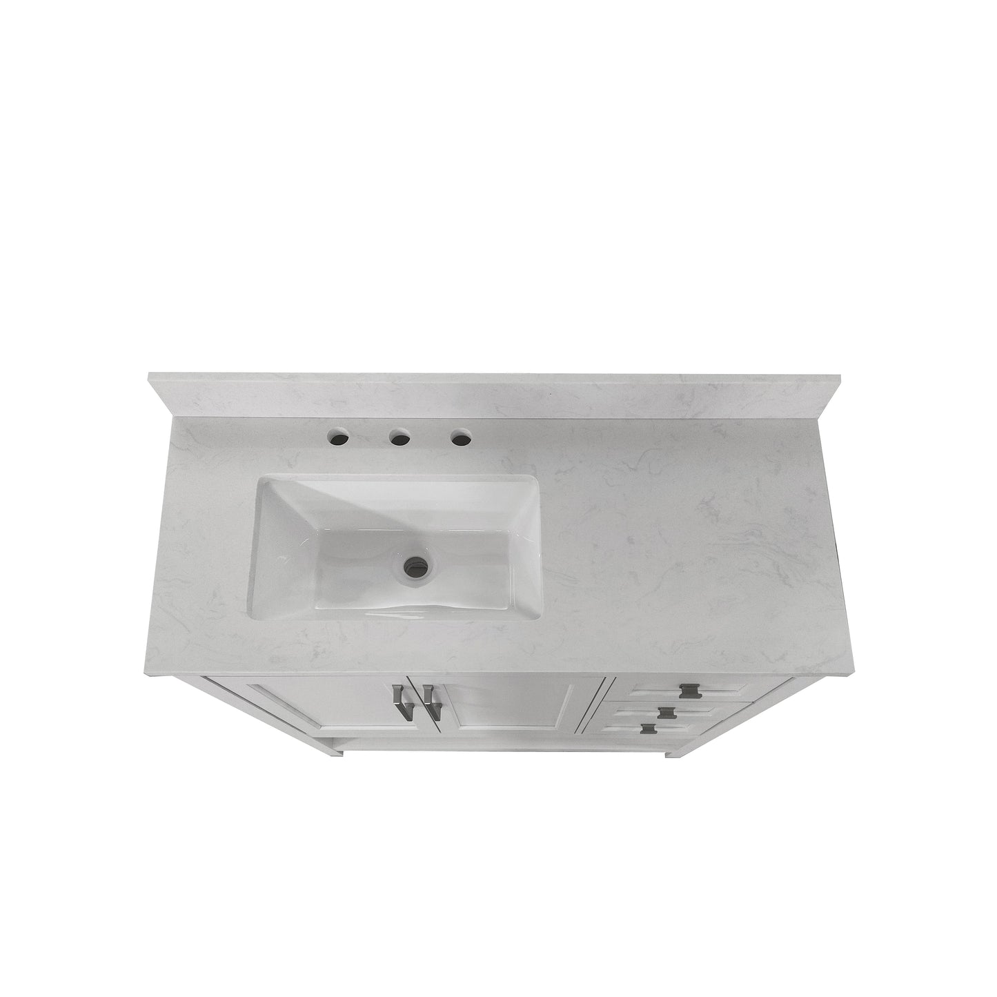 Vega 42 Inch Bathroom Vanity with Sink, Storage Cabinet with Soft Close Doors, Open Shelf and 3 Drawers, Carrara Marble Finish Countertop, White/White