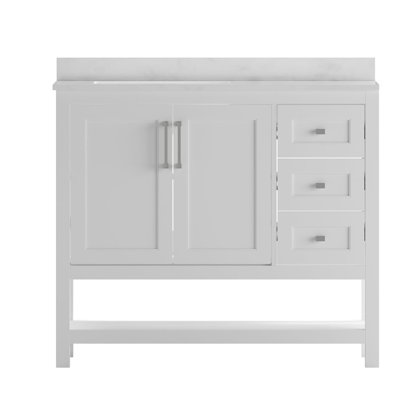 Vega 42 Inch Bathroom Vanity with Sink, Storage Cabinet with Soft Close Doors, Open Shelf and 3 Drawers, Carrara Marble Finish Countertop, White/White