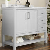 Vega 42 Inch Bathroom Vanity with Sink, Storage Cabinet with Soft Close Doors, Open Shelf and 3 Drawers, Carrara Marble Finish Countertop, White/White