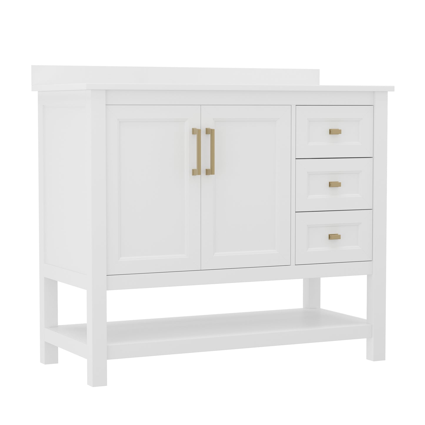 Vega 42 Inch Bathroom Vanity with Sink, Storage Cabinet with Soft Close Doors, Open Shelf and 3 Drawers, Carrara Marble Finish Countertop, White/Gold