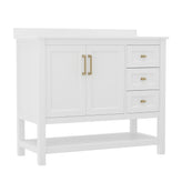 Vega 42 Inch Bathroom Vanity with Sink, Storage Cabinet with Soft Close Doors, Open Shelf and 3 Drawers, Carrara Marble Finish Countertop, White/Gold