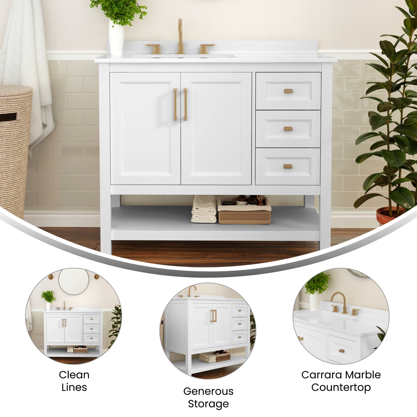 Vega 42 Inch Bathroom Vanity with Sink, Storage Cabinet with Soft Close Doors, Open Shelf and 3 Drawers, Carrara Marble Finish Countertop, White/Gold