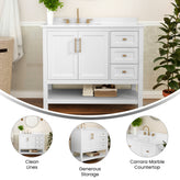 Vega 42 Inch Bathroom Vanity with Sink, Storage Cabinet with Soft Close Doors, Open Shelf and 3 Drawers, Carrara Marble Finish Countertop, White/Gold
