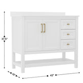 Vega 42 Inch Bathroom Vanity with Sink, Storage Cabinet with Soft Close Doors, Open Shelf and 3 Drawers, Carrara Marble Finish Countertop, White/Gold