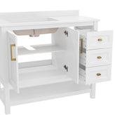 Vega 42 Inch Bathroom Vanity with Sink, Storage Cabinet with Soft Close Doors, Open Shelf and 3 Drawers, Carrara Marble Finish Countertop, White/Gold