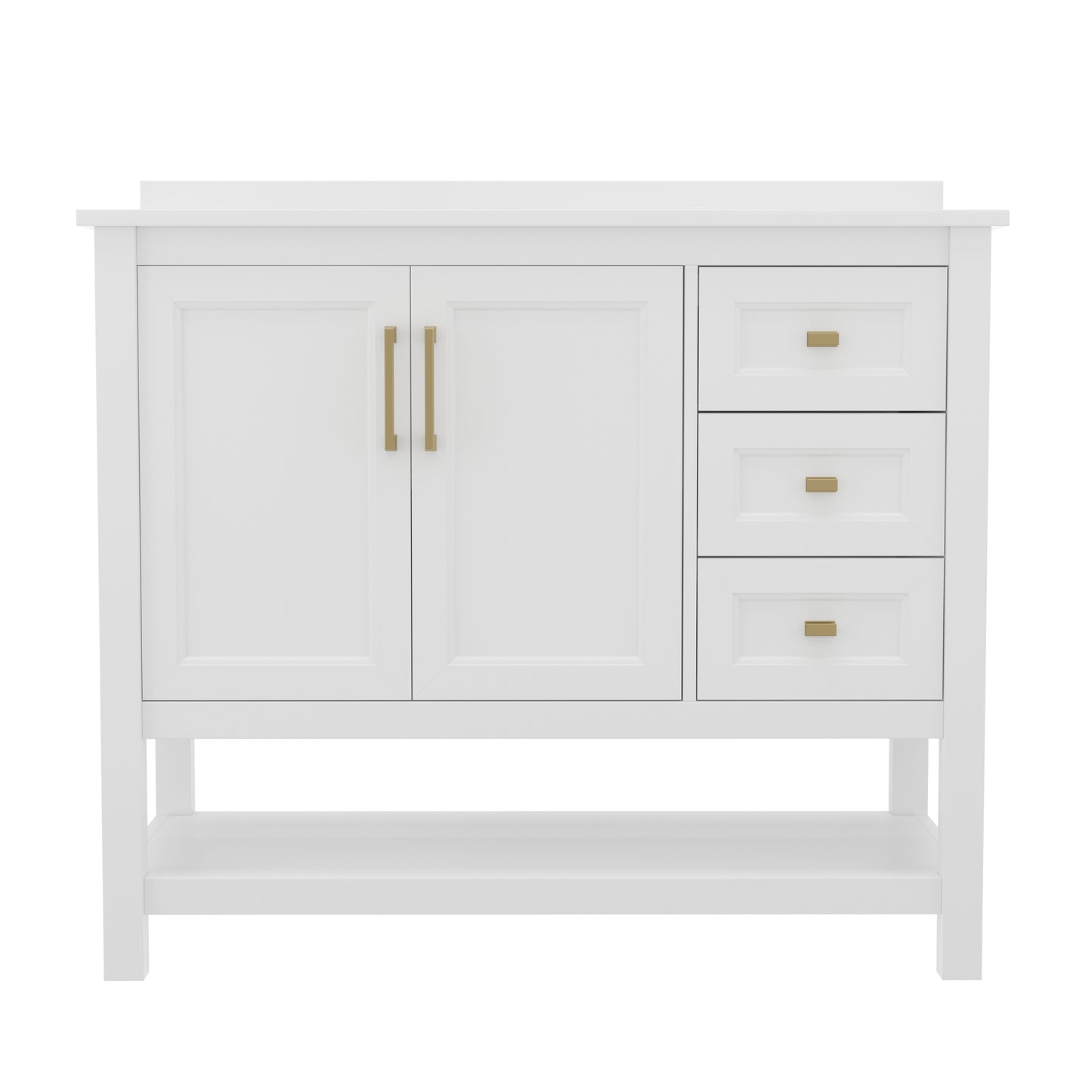 Vega 42 Inch Bathroom Vanity with Sink, Storage Cabinet with Soft Close Doors, Open Shelf and 3 Drawers, Carrara Marble Finish Countertop, White/Gold