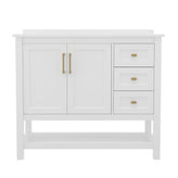 Vega 42 Inch Bathroom Vanity with Sink, Storage Cabinet with Soft Close Doors, Open Shelf and 3 Drawers, Carrara Marble Finish Countertop, White/Gold