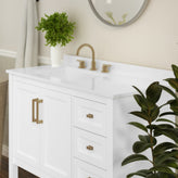 Vega 42 Inch Bathroom Vanity with Sink, Storage Cabinet with Soft Close Doors, Open Shelf and 3 Drawers, Carrara Marble Finish Countertop, White/Gold