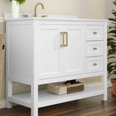 Vega 42 Inch Bathroom Vanity with Sink, Storage Cabinet with Soft Close Doors, Open Shelf and 3 Drawers, Carrara Marble Finish Countertop, White/Gold