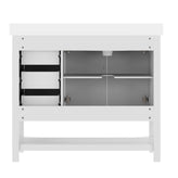Vega 42" Bathroom Vanity with Sink, Cabinet with Black Hardware, Soft Close Doors, Open Shelf & 3 Drawers, Carrara Marble Finish Counter, White/White