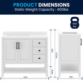 Vega 42" Bathroom Vanity with Sink, Cabinet with Black Hardware, Soft Close Doors, Open Shelf & 3 Drawers, Carrara Marble Finish Counter, White/White