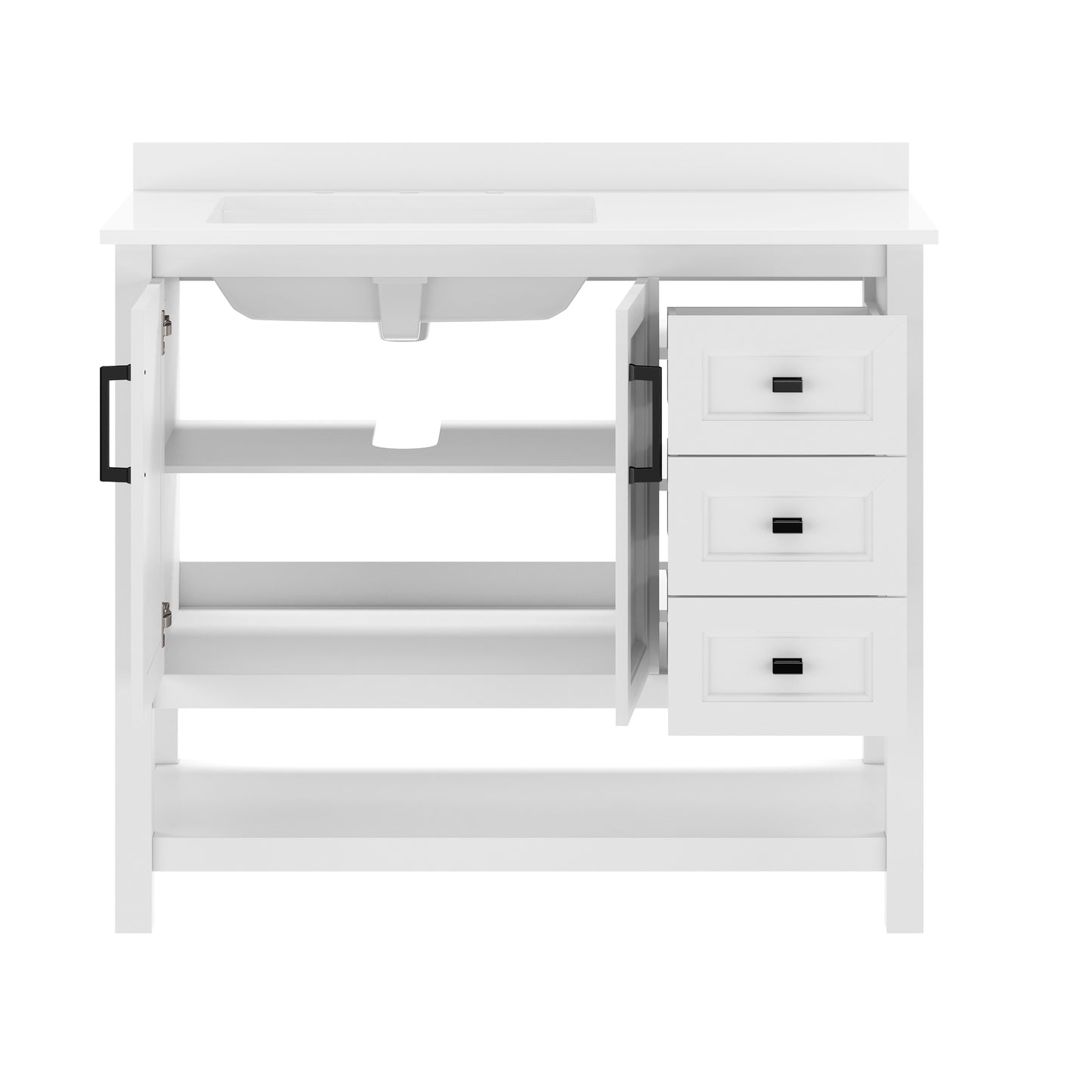 Vega 42" Bathroom Vanity with Sink, Cabinet with Black Hardware, Soft Close Doors, Open Shelf & 3 Drawers, Carrara Marble Finish Counter, White/White