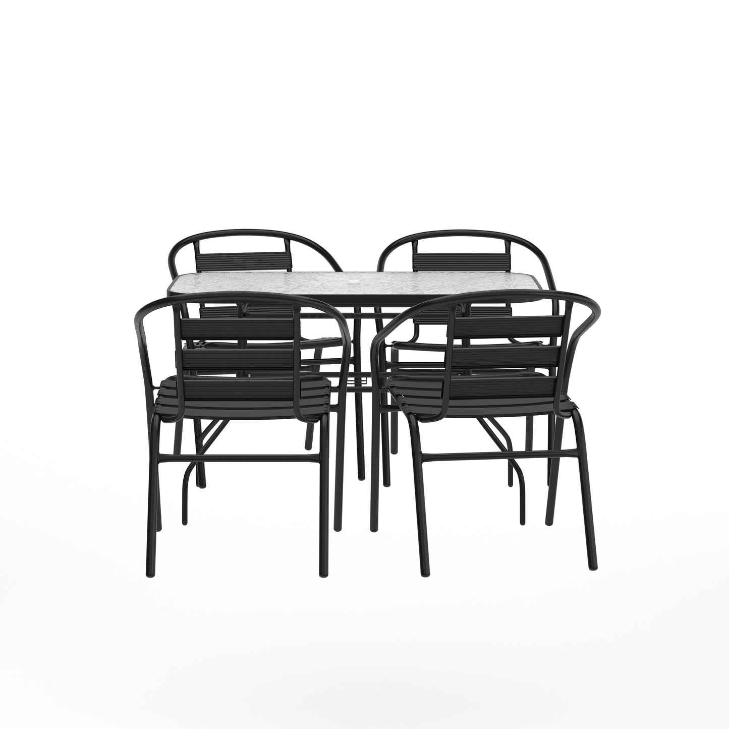 Lila 5 Piece Commercial Outdoor Patio Dining Set with 47" Tempered Glass Patio Table with Umbrella Hole and 4 Black Triple Slat Chairs