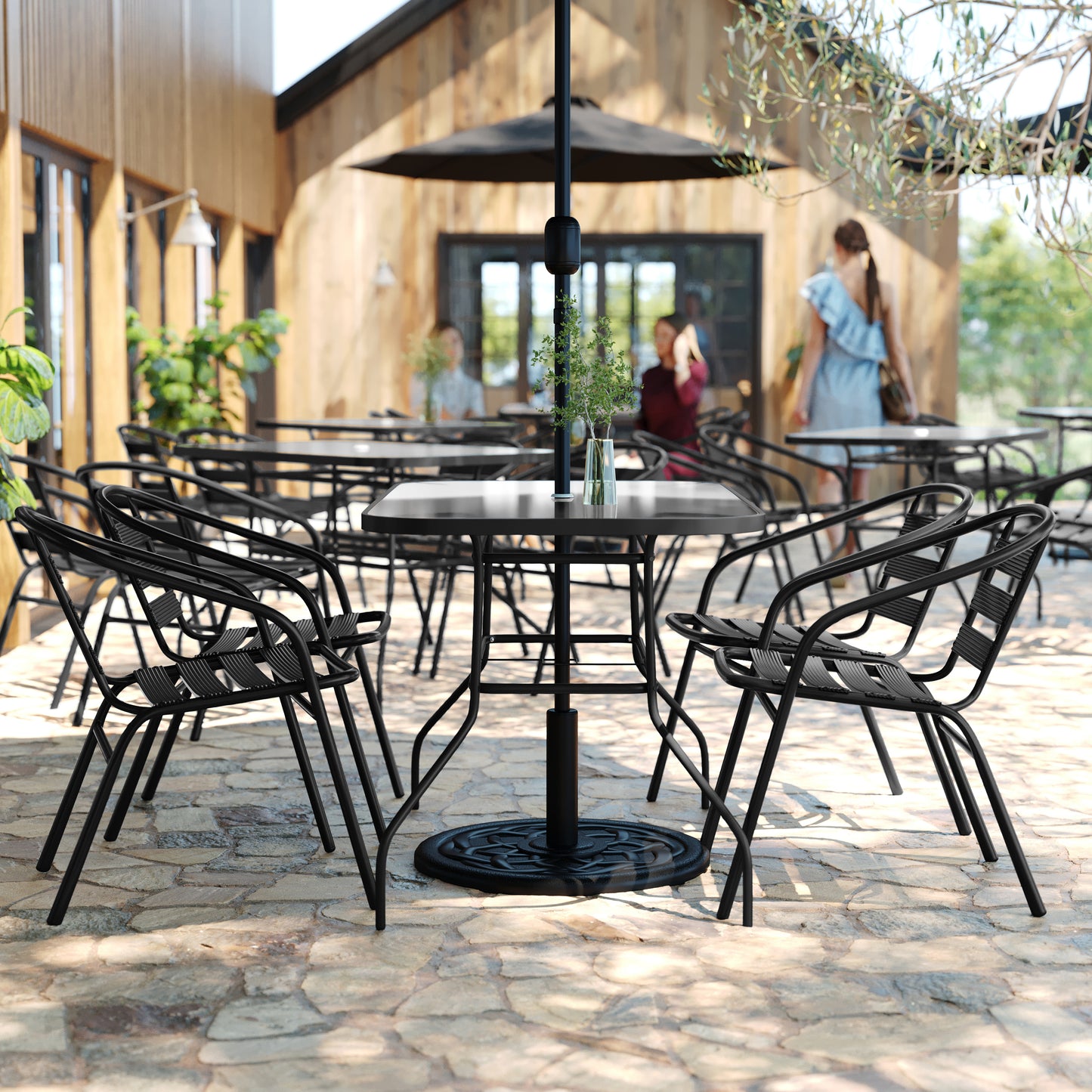 Lila 5 Piece Commercial Outdoor Patio Dining Set with 47" Tempered Glass Patio Table with Umbrella Hole and 4 Black Triple Slat Chairs