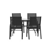 Brazos 5 Piece Commercial Grade Patio Dining Set with Tempered Glass Patio Table with 4 Chairs with Black Flex Comfort Material Seats and Backs