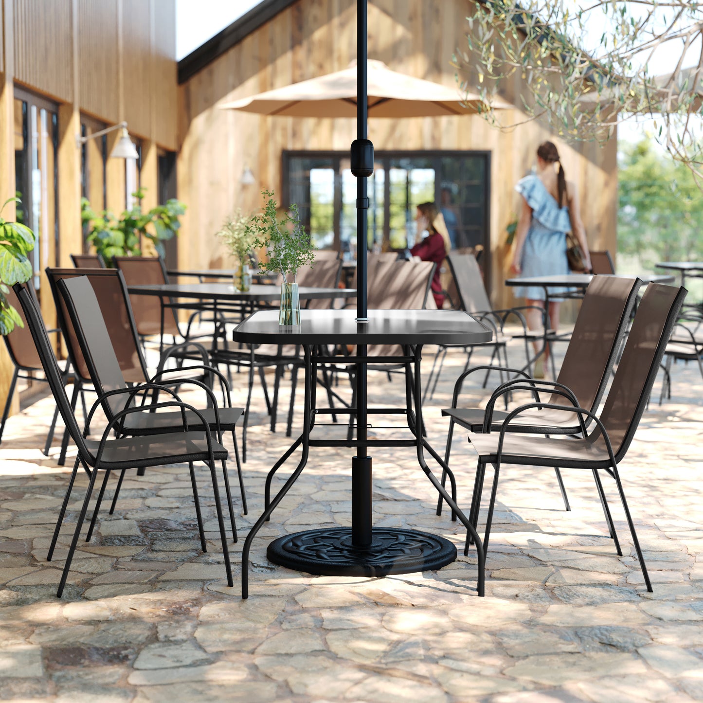 Brazos 5 Piece Commercial Grade Patio Dining Set with Tempered Glass Patio Table with 4 Chairs with Brown Flex Comfort Material Seats and Backs