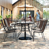 Brazos 5 Piece Commercial Grade Patio Dining Set with Tempered Glass Patio Table with 4 Chairs with Brown Flex Comfort Material Seats and Backs