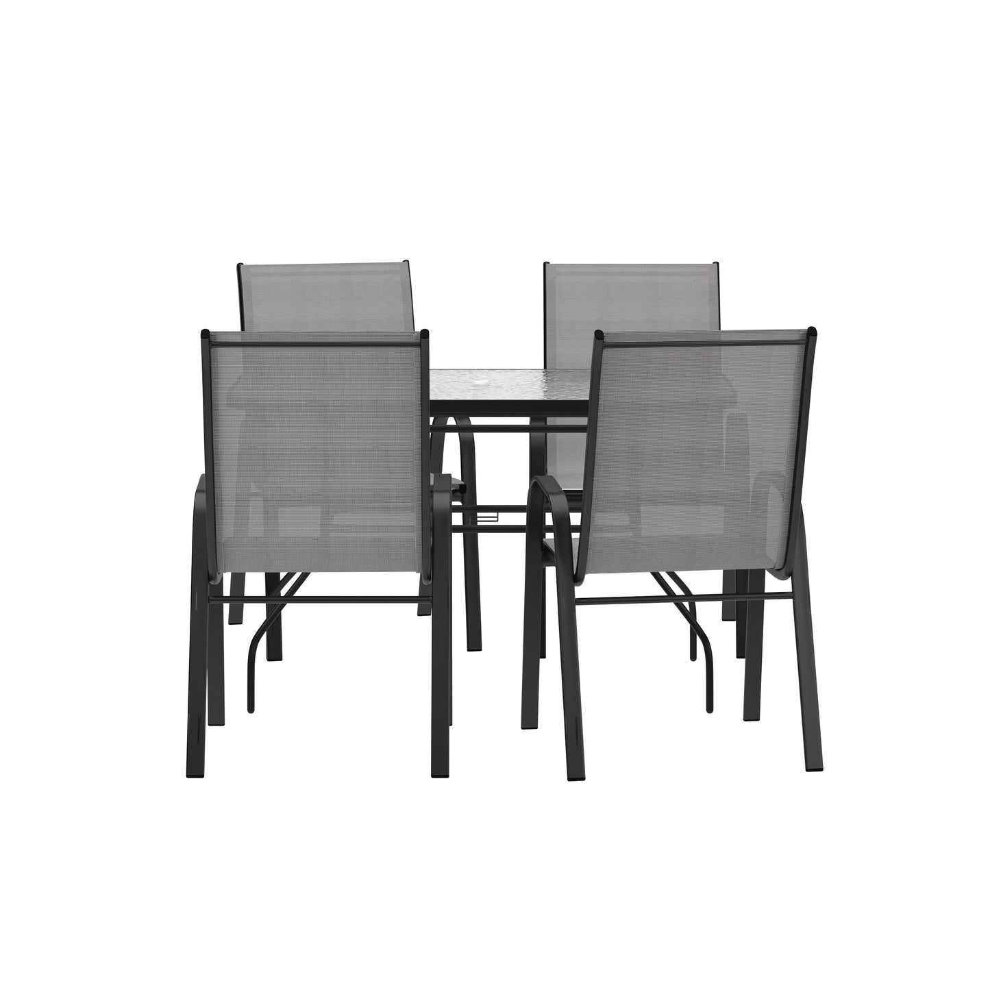 Brazos 5 Piece Commercial Grade Patio Dining Set with Tempered Glass Patio Table with 4 Chairs with Gray Flex Comfort Material Seats and Backs