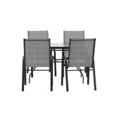 Brazos 5 Piece Commercial Grade Patio Dining Set with Tempered Glass Patio Table with 4 Chairs with Gray Flex Comfort Material Seats and Backs