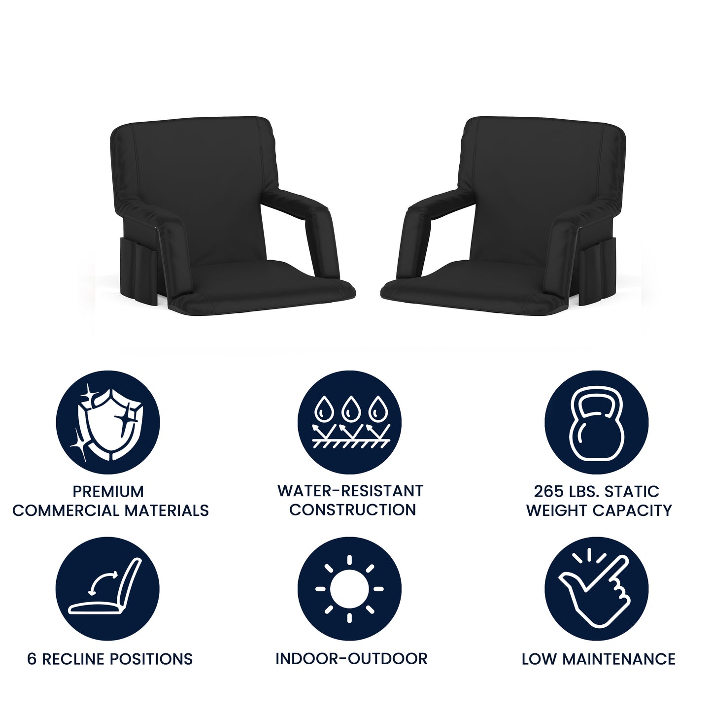 Malta Set of 2 Black Portable Lightweight Reclining Stadium Chairs with Armrests, Padded Back & Seat - Storage Pockets & Backpack Straps