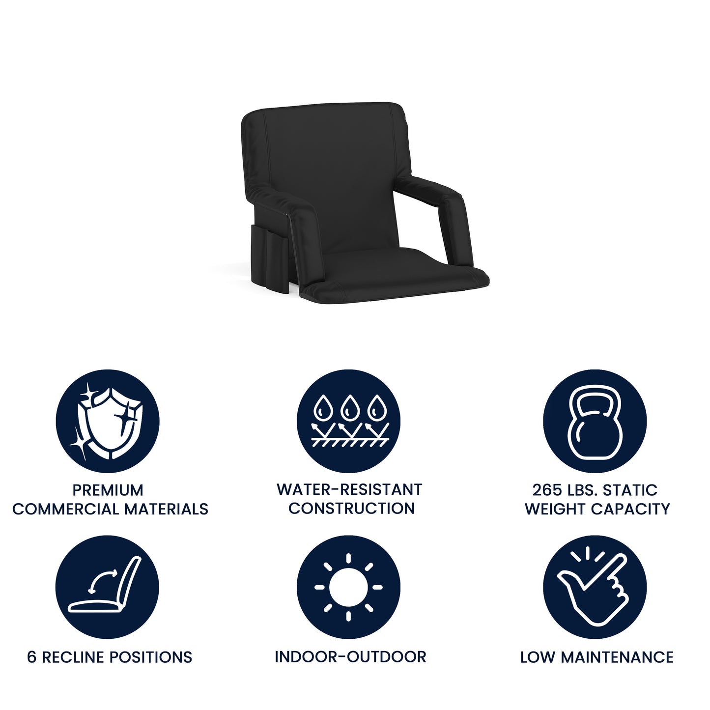 Malta Black Portable Lightweight Reclining Stadium Chair with Armrests, Padded Back & Seat with Dual Storage Pockets and Backpack Straps