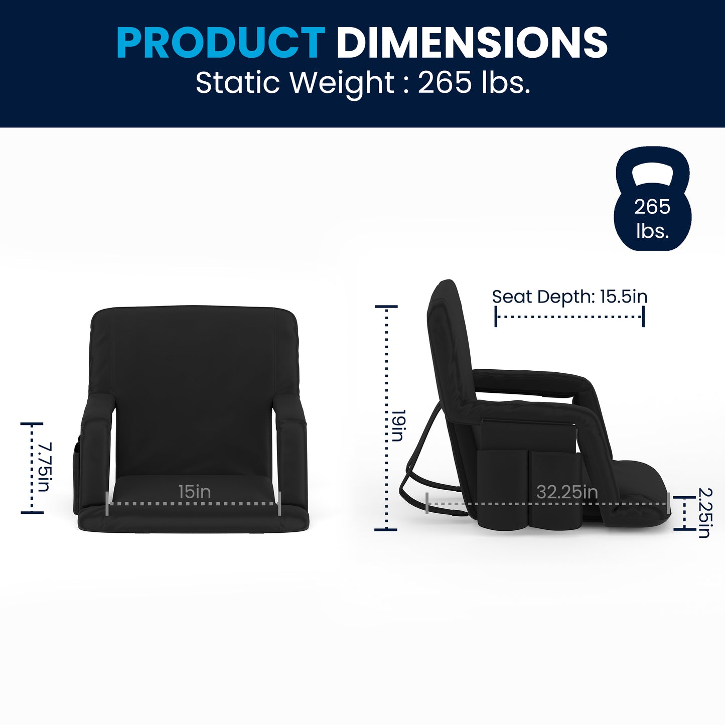 Malta Black Portable Lightweight Reclining Stadium Chair with Armrests, Padded Back & Seat with Dual Storage Pockets and Backpack Straps