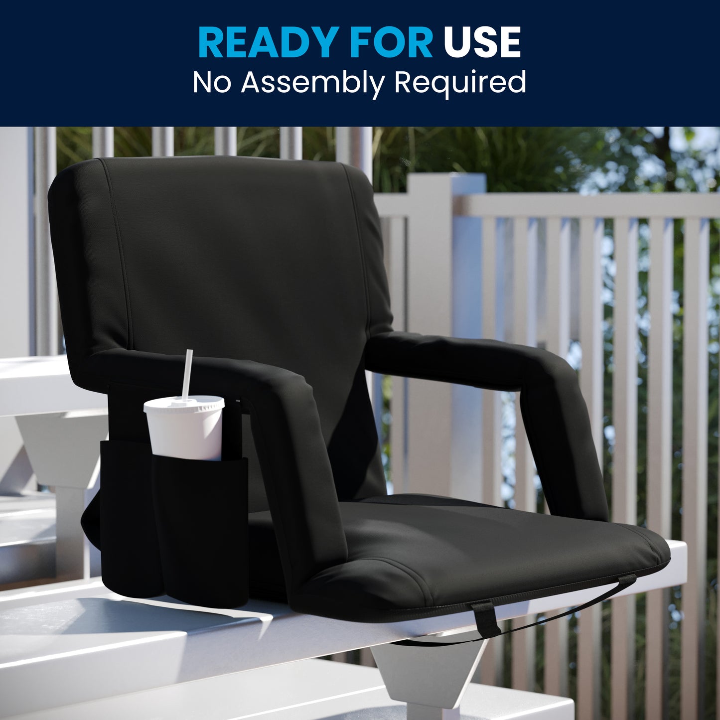 Malta Set of 2 Black Portable Lightweight Reclining Stadium Chairs with Armrests, Padded Back & Seat - Storage Pockets & Backpack Straps