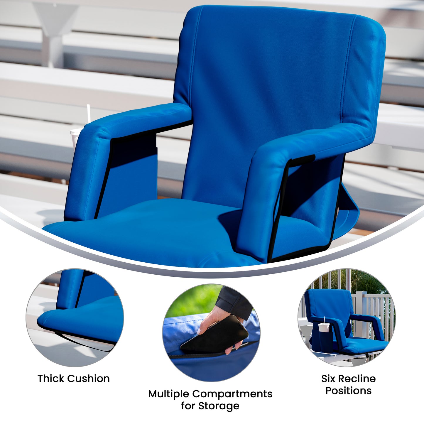 Malta Blue Portable Lightweight Reclining Stadium Chair with Armrests, Padded Back & Seat with Dual Storage Pockets and Backpack Straps