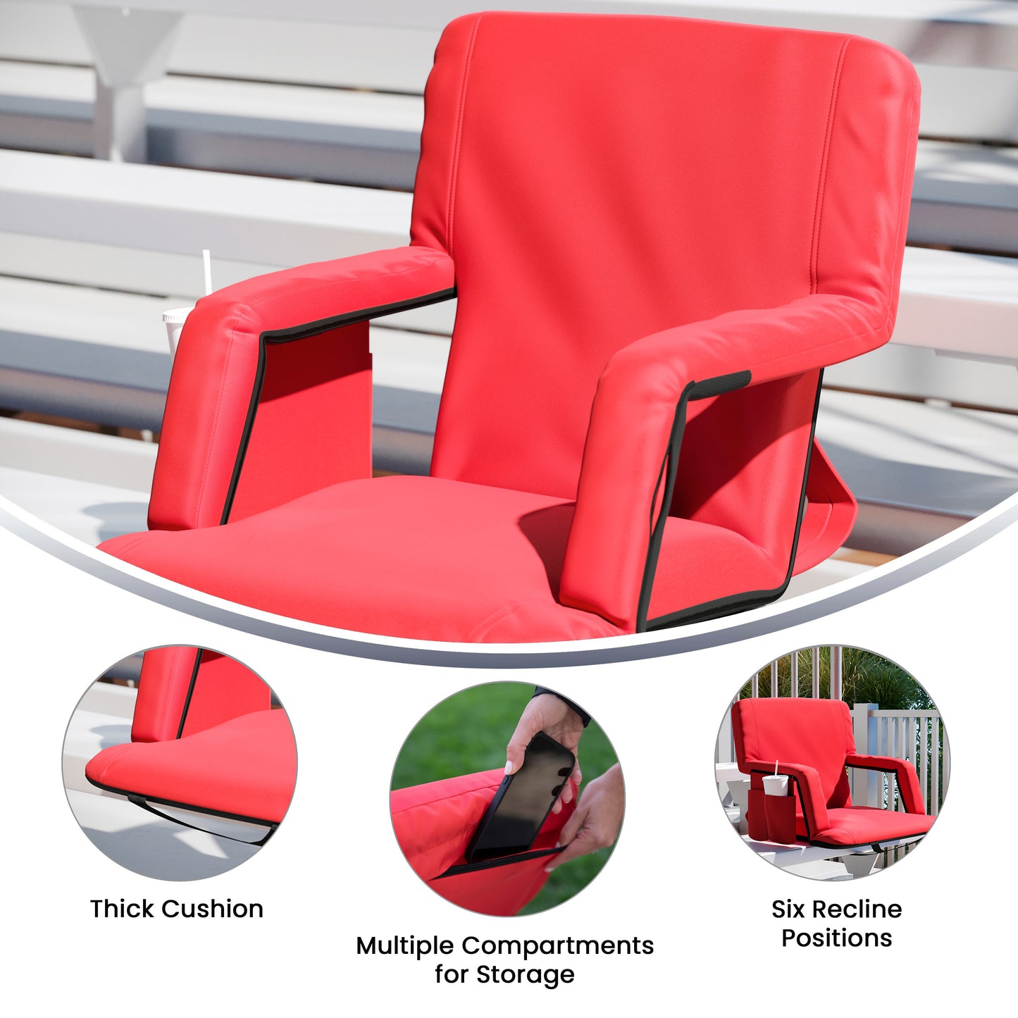 Malta Red Portable Lightweight Reclining Stadium Chair with Armrests, Padded Back & Seat with Dual Storage Pockets and Backpack Straps