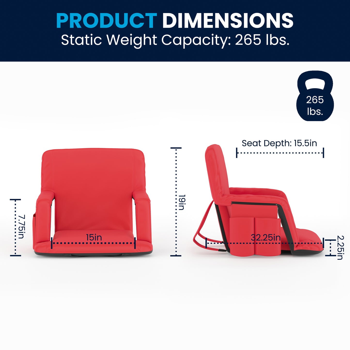 Malta Set of 2 Red Portable Lightweight Reclining Stadium Chairs with Armrests, Padded Back & Seat - Storage Pockets & Backpack Straps