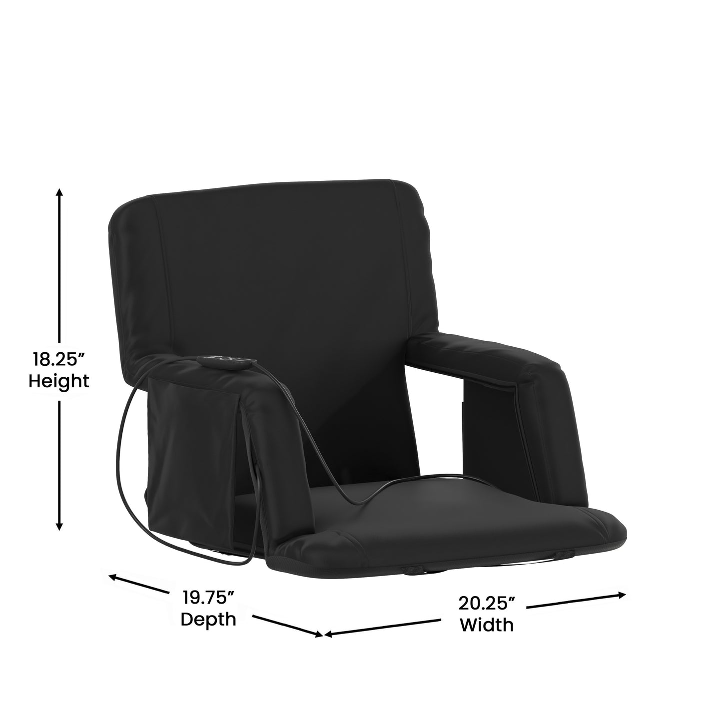 Malta Black Portable Heated Reclining Stadium Chair with Armrests, Padded Back & Heated Seat with Dual Storage Pockets and Backpack Straps