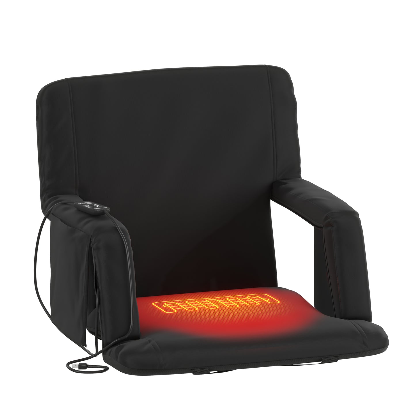 Malta Black Portable Heated Reclining Stadium Chair with Armrests, Padded Back & Heated Seat with Dual Storage Pockets and Backpack Straps