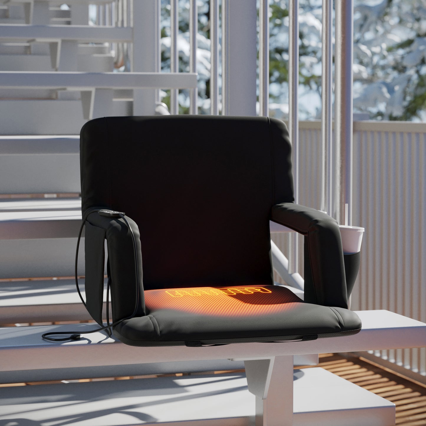 Malta Black Portable Heated Reclining Stadium Chair with Armrests, Padded Back & Heated Seat with Dual Storage Pockets and Backpack Straps