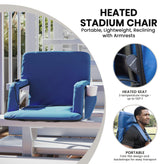 Malta Blue Portable Heated Reclining Stadium Chair with Armrests, Padded Back & Heated Seat with Dual Storage Pockets and Backpack Straps