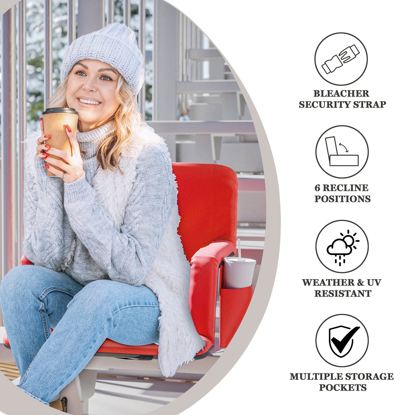 Malta Red Portable Heated Reclining Stadium Chair with Armrests, Padded Back & Heated Seat with Dual Storage Pockets and Backpack Straps