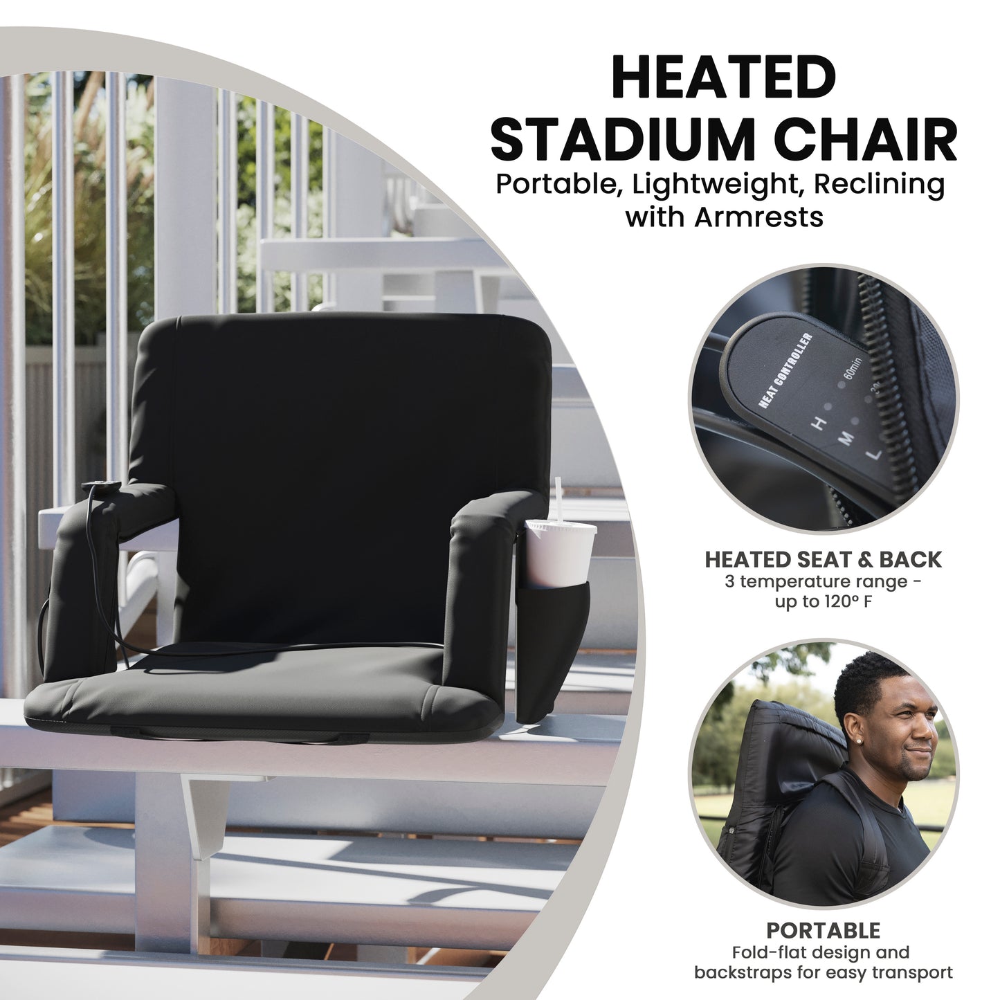 Malta Black Portable Heated Reclining Stadium Chair with Armrests, Heated Padded Back & Heated Seat with Dual Storage Pockets and Backpack Straps