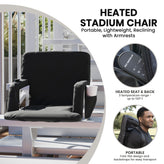 Malta Black Portable Heated Reclining Stadium Chair with Armrests, Heated Padded Back & Heated Seat with Dual Storage Pockets and Backpack Straps