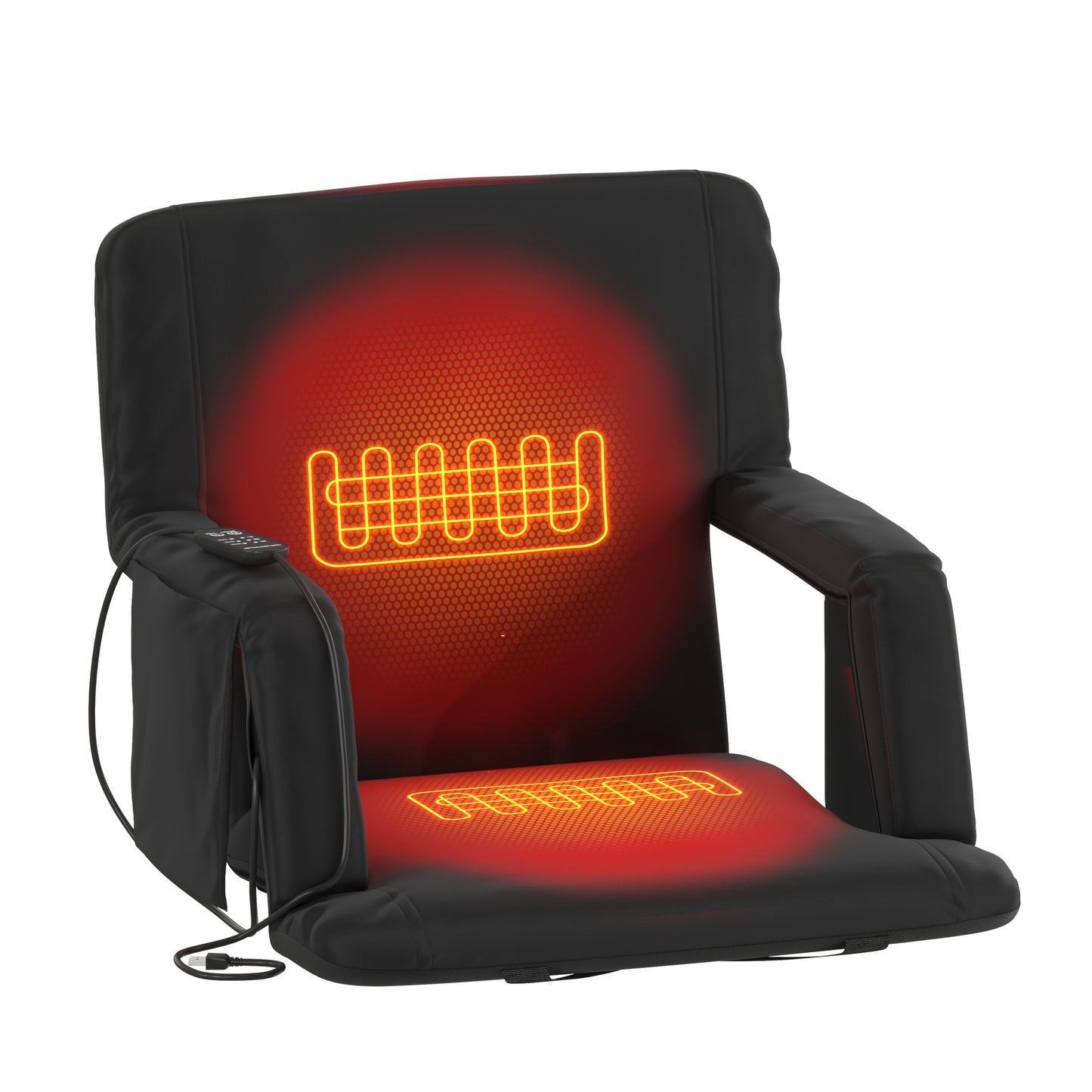 Malta Black Portable Heated Reclining Stadium Chair with Armrests, Heated Padded Back & Heated Seat with Dual Storage Pockets and Backpack Straps