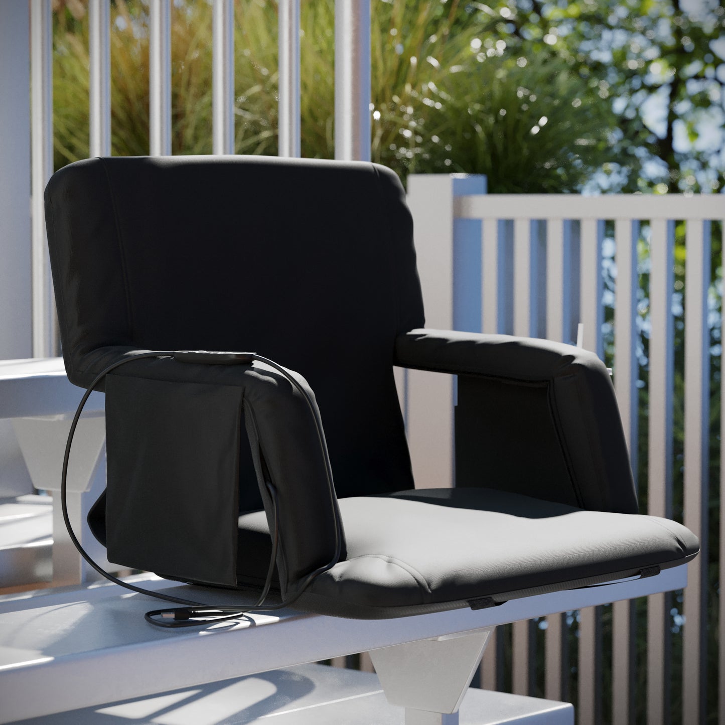 Malta Black Portable Heated Reclining Stadium Chair with Armrests, Heated Padded Back & Heated Seat with Dual Storage Pockets and Backpack Straps