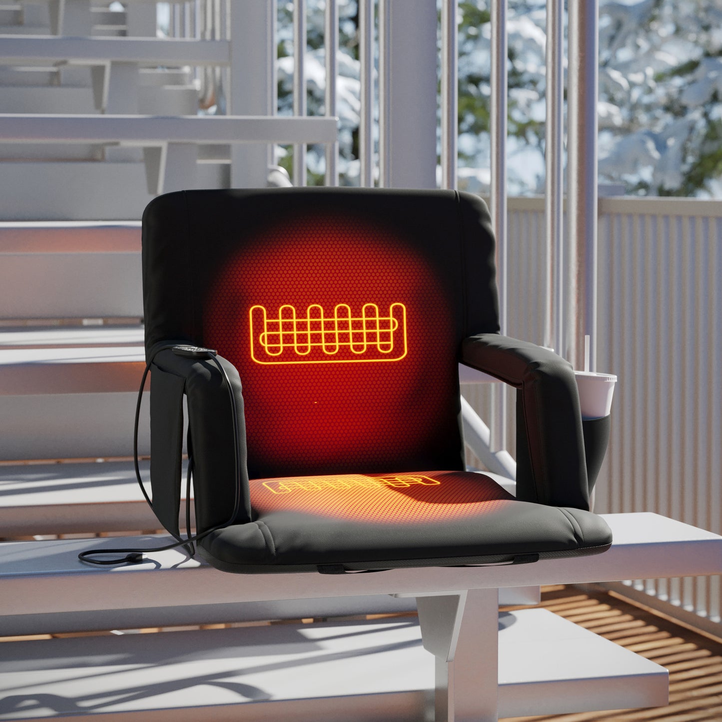 Malta Black Portable Heated Reclining Stadium Chair with Armrests, Heated Padded Back & Heated Seat with Dual Storage Pockets and Backpack Straps