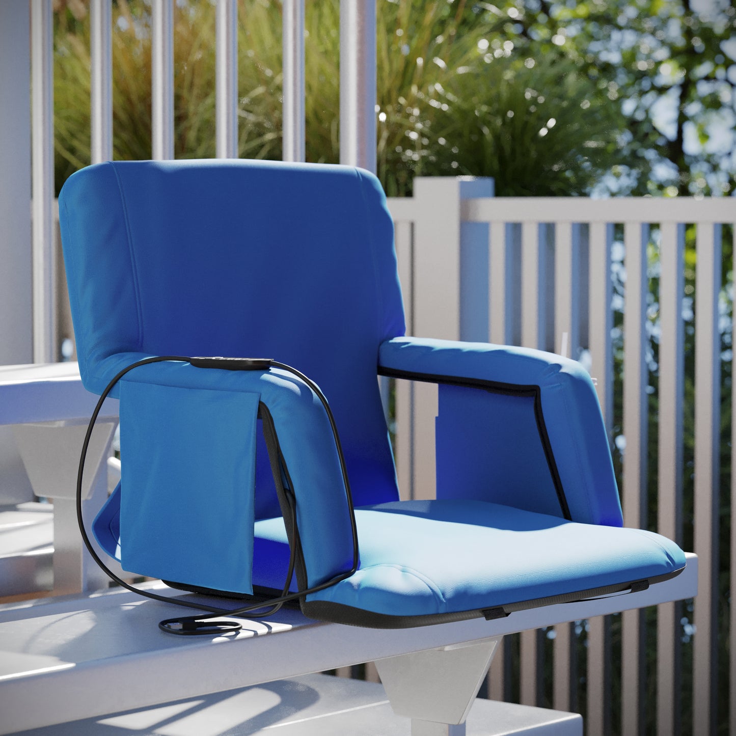 Malta Blue Portable Heated Reclining Stadium Chair with Armrests, Heated Padded Back & Heated Seat with Dual Storage Pockets and Backpack Straps