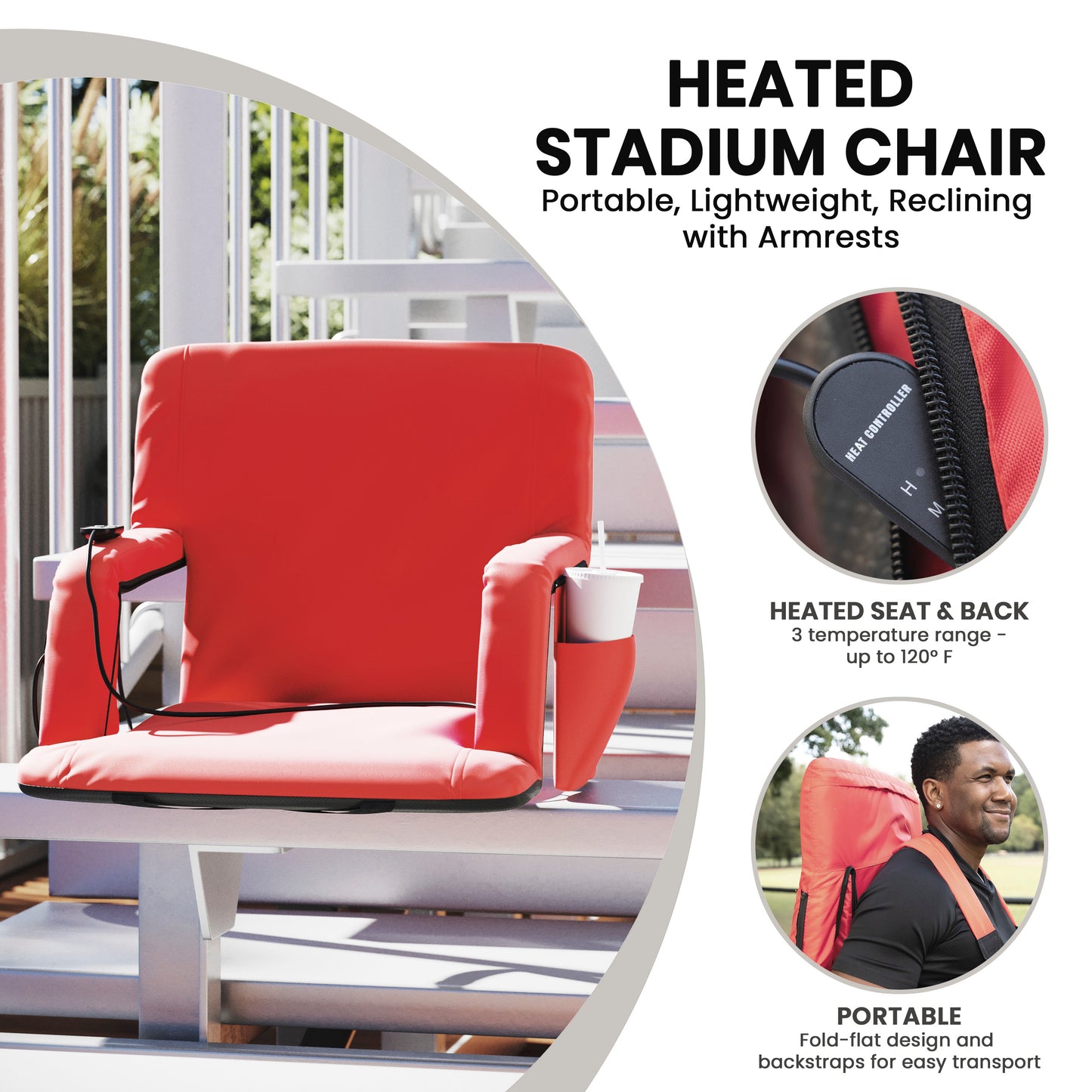 Malta Red Portable Heated Reclining Stadium Chair with Armrests, Heated Padded Back & Heated Seat with Dual Storage Pockets and Backpack Straps