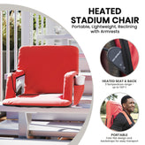 Malta Red Portable Heated Reclining Stadium Chair with Armrests, Heated Padded Back & Heated Seat with Dual Storage Pockets and Backpack Straps