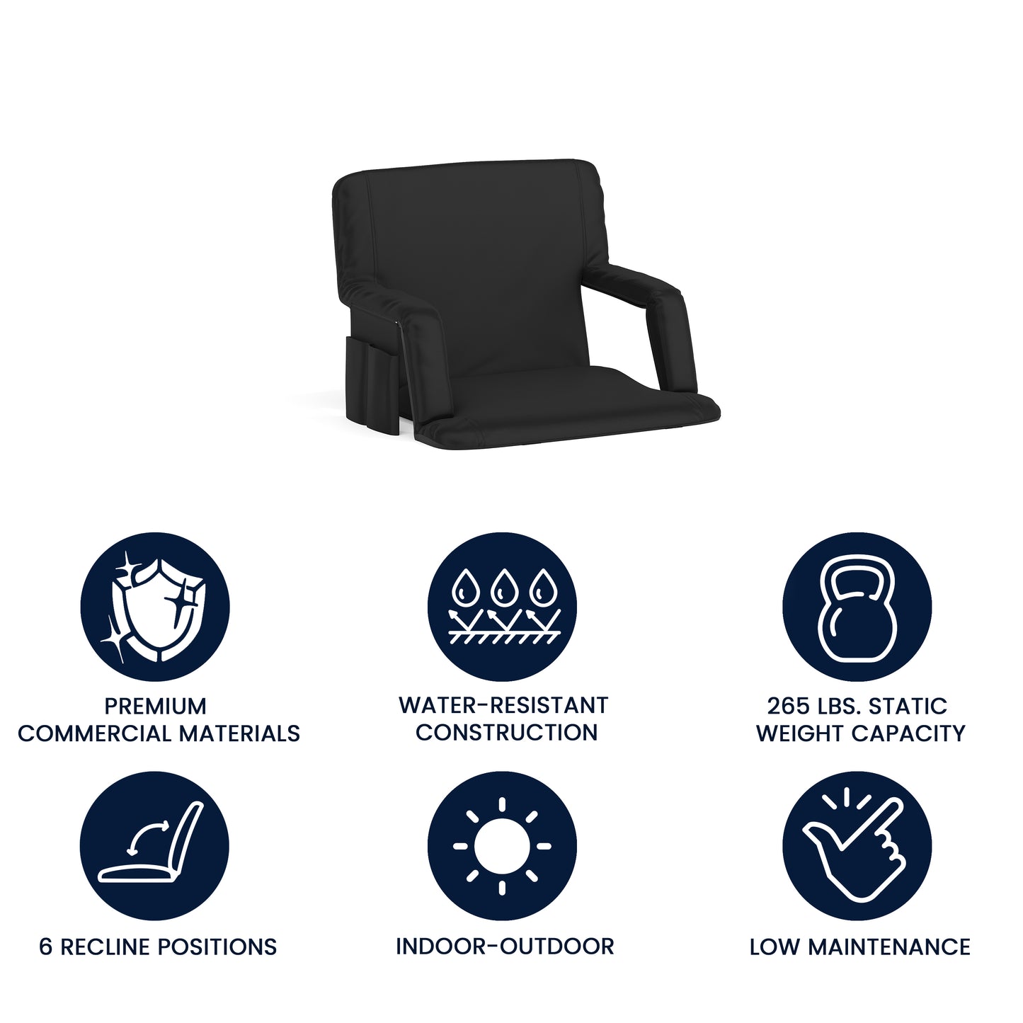 Malta Extra Wide Black Lightweight Reclining Stadium Chair with Armrests, Padded Back & Seat with Dual Storage Pockets and Backpack Straps