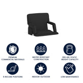 Malta Extra Wide Black Lightweight Reclining Stadium Chair with Armrests, Padded Back & Seat with Dual Storage Pockets and Backpack Straps