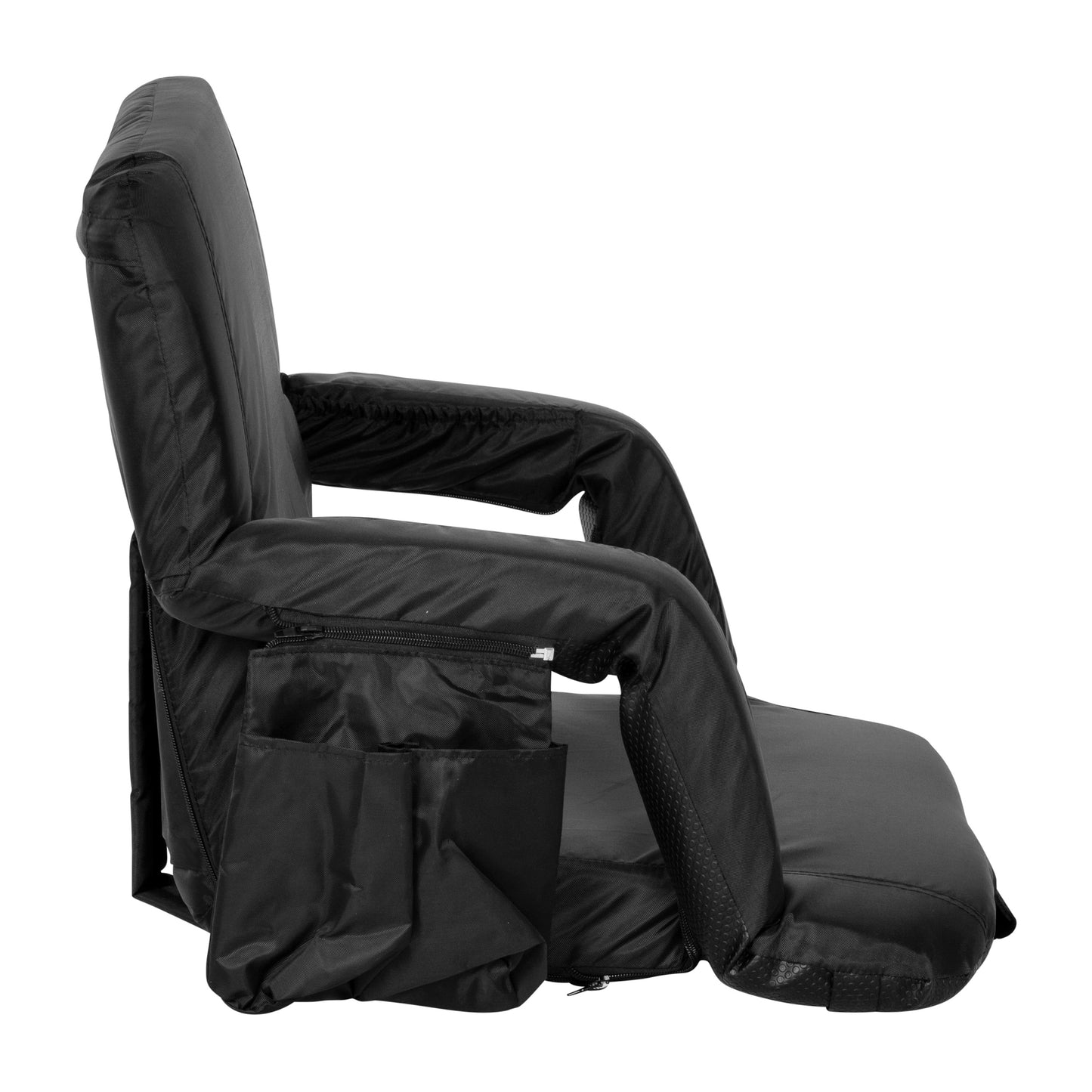 Malta Extra Wide Black Lightweight Reclining Stadium Chair with Armrests, Padded Back & Seat with Dual Storage Pockets and Backpack Straps