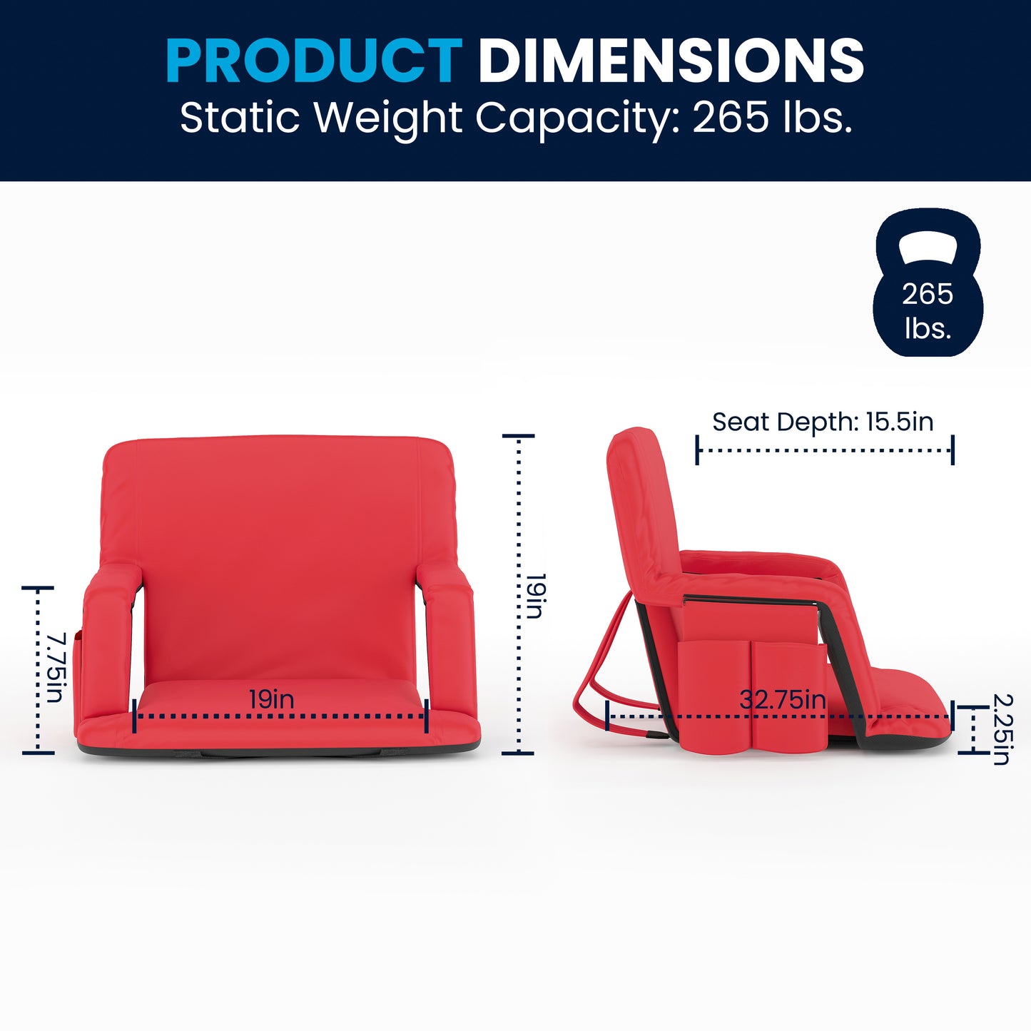 Malta Extra Wide Red Lightweight Reclining Stadium Chair with Armrests, Padded Back & Seat with Dual Storage Pockets and Backpack Straps