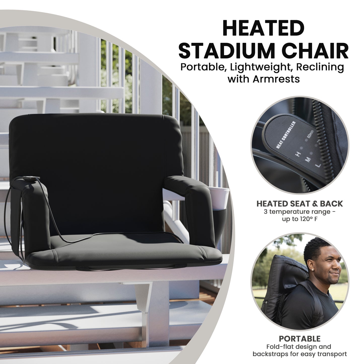 Malta Extra Wide Black Portable Heated Reclining Stadium Chair w/Armrests, Padded Back & Heated Seat w/Dual Storage Pockets and Backpack Straps